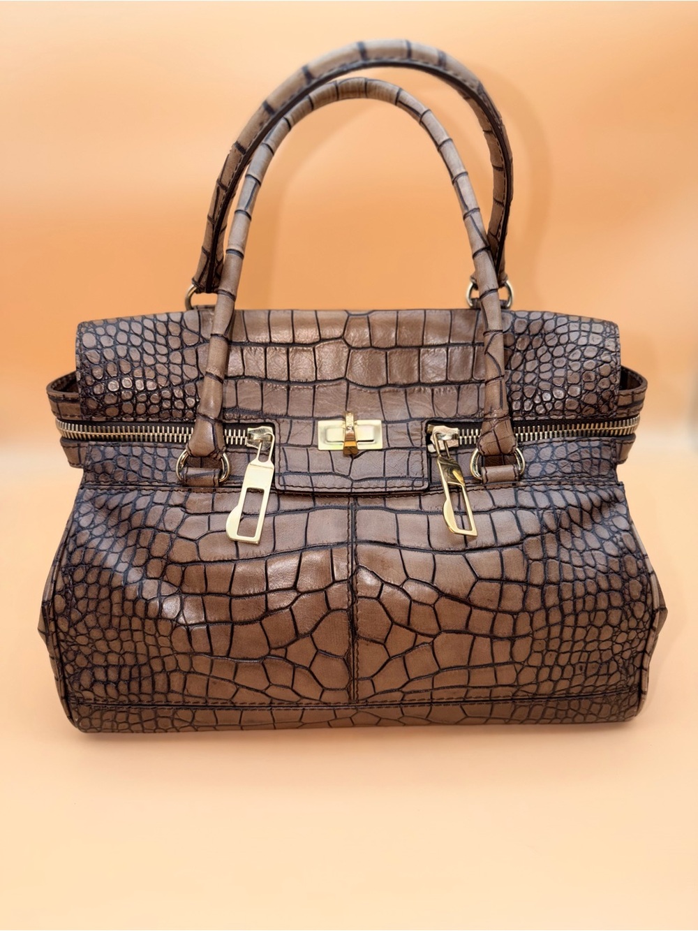 NWT Max Mara Brown Croc-Embossed Leather Satchel Bag Italy Turnlock Hardware